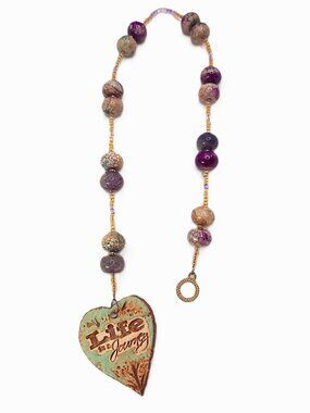 Artisan Glass Beaded Suncatcher Ceramic Heart Charm Life is a Journey Upcycled